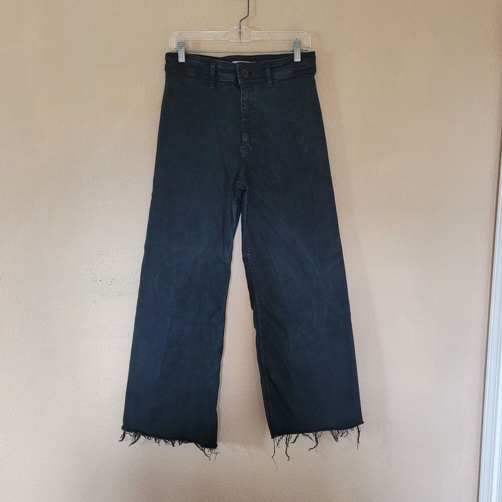 Zara Jeans Womens 8 Black The Marine Wide Leg Pocket High Rise Denim Full Length